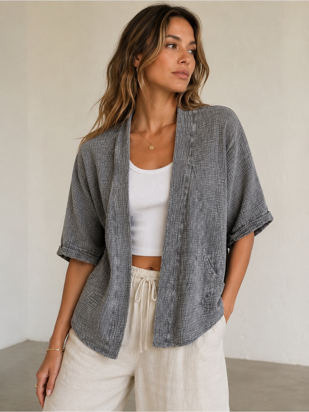Easel Los Angeles | Cotton Gauze Kimono Cardigan Washed Charcoal Size Small